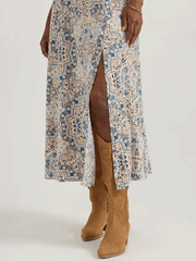 Wrangler 112361136 Womens Western Tank Maxi Dress Cream Retro Blue leg opening close up. If you need any assistance with this item or the purchase of this item please call us at five six one seven four eight eight eight zero one Monday through Saturday 10:00a.m EST to 8:00 p.m EST