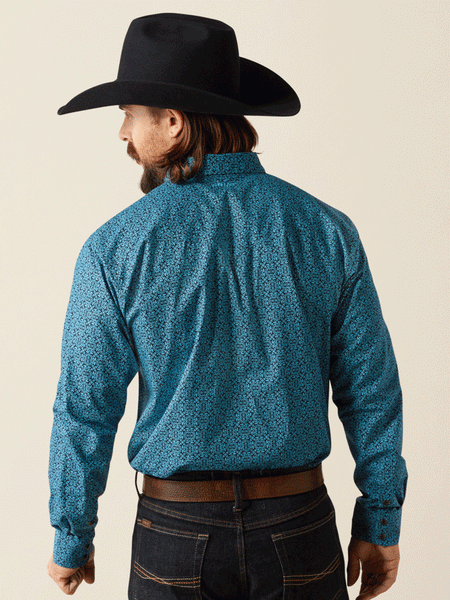 Ariat 10053915 Mens Woodrow Classic Fit Shirt Blue back view. If you need any assistance with this item or the purchase of this item please call us at five six one seven four eight eight eight zero one Monday through Saturday 10:00a.m EST to 8:00 p.m EST