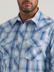 Wrangler 112344707 Mens 20X Competition Western Shirt Blue Gradient front close up. If you need any assistance with this item or the purchase of this item please call us at five six one seven four eight eight eight zero one Monday through Saturday 10:00a.m EST to 8:00 p.m EST