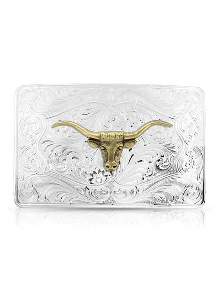 Montana Silversmiths 46510-64 Iconic Western Longhorn Belt Buckle Silver front view. If you need any assistance with this item or the purchase of this item please call us at five six one seven four eight eight eight zero one Monday through Saturday 10:00a.m EST to 8:00 p.m EST
