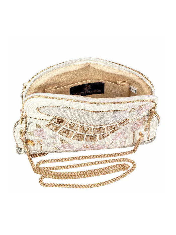 Mary Frances BAG S002-367 JUST MARRIED Crossbody Bag Ivory front view. If you need any assistance with this item or the purchase of this item please call us at five six one seven four eight eight eight zero one Monday through Saturday 10:00a.m EST to 8:00 p.m EST