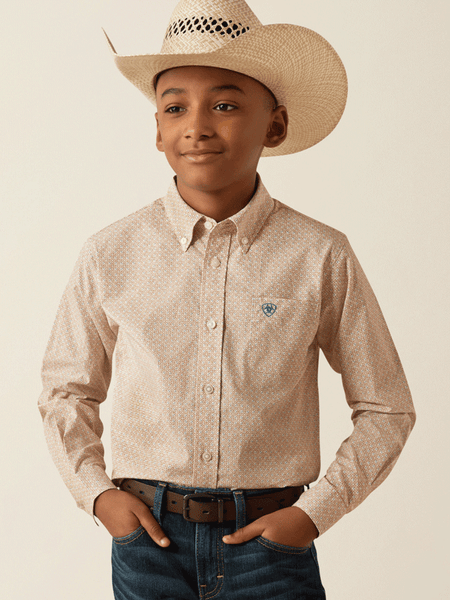 Ariat 10054790 Kids Johnny Classic Fit Shirt Tan front view. If you need any assistance with this item or the purchase of this item please call us at five six one seven four eight eight eight zero one Monday through Saturday 10:00a.m EST to 8:00 p.m EST

