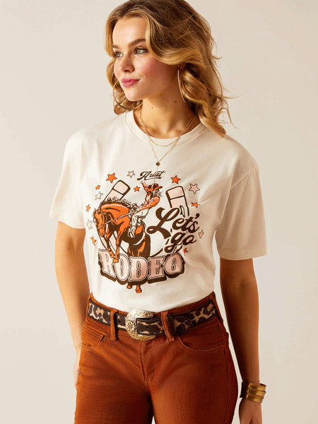 Ariat 10047924 Womens Let's Rodeo T-Shirt Off White front view. If you need any assistance with this item or the purchase of this item please call us at five six one seven four eight eight eight zero one Monday through Saturday 10:00a.m EST to 8:00 p.m EST