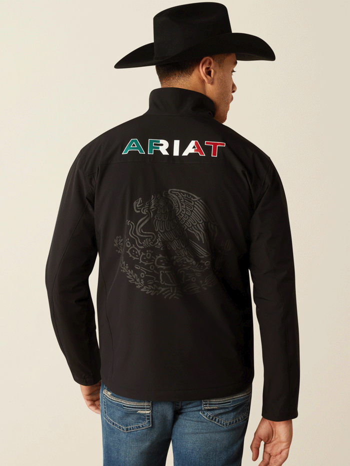 Ariat 10054234 Mens Pioneer StretchShell Mexico Jacket Black front. If you need any assistance with this item or the purchase of this item please call us at five six one seven four eight eight eight zero one Monday through Saturday 10:00a.m EST to 8:00 p.m EST

