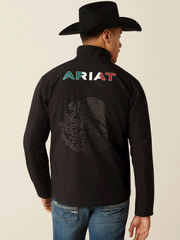 Ariat 10054234 Mens Pioneer StretchShell Mexico Jacket Black back. If you need any assistance with this item or the purchase of this item please call us at five six one seven four eight eight eight zero one Monday through Saturday 10:00a.m EST to 8:00 p.m EST

