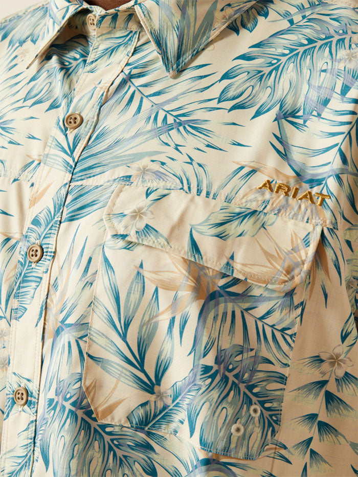 Ariat 10058855 Mens VentTEK Outbound Fitted Shirt Khaki Palm Print front view. If you need any assistance with this item or the purchase of this item please call us at five six one seven four eight eight eight zero one Monday through Saturday 10:00a.m EST to 8:00 p.m EST