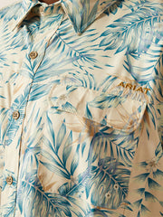 Ariat 10058855 Mens VentTEK Outbound Fitted Shirt Khaki Palm Print front close up. If you need any assistance with this item or the purchase of this item please call us at five six one seven four eight eight eight zero one Monday through Saturday 10:00a.m EST to 8:00 p.m EST
