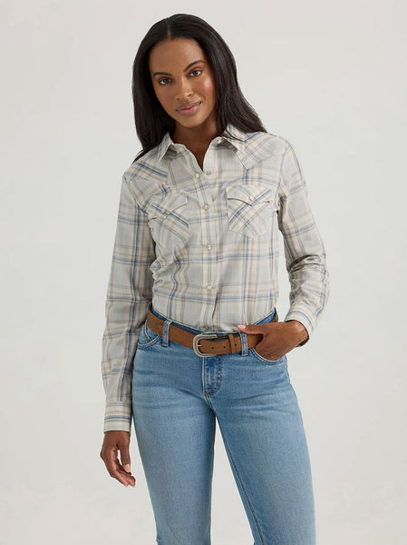 Wrangler 112360738 Womens Essential Plaid Western Shirt Wispy Blue front view. If you need any assistance with this item or the purchase of this item please call us at five six one seven four eight eight eight zero one Monday through Saturday 10:00a.m EST to 8:00 p.m EST