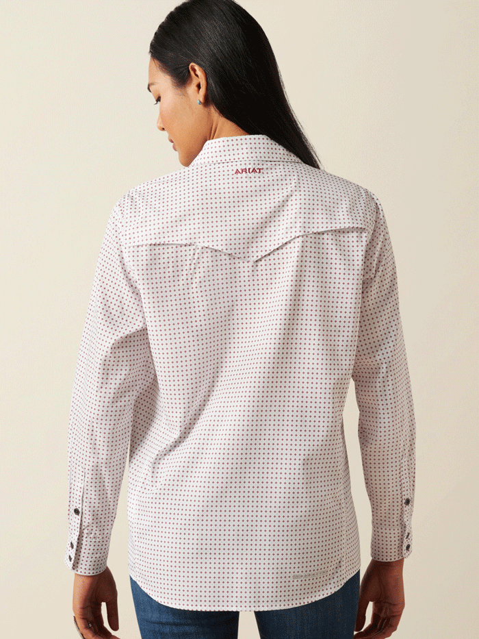 Ariat 10055189 Womens Western VentTEK Stretch Shirt Mini Print White front view. If you need any assistance with this item or the purchase of this item please call us at five six one seven four eight eight eight zero one Monday through Saturday 10:00a.m EST to 8:00 p.m EST

