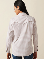 Ariat 10055189 Womens Western VentTEK Stretch Shirt Mini Print White back view. If you need any assistance with this item or the purchase of this item please call us at five six one seven four eight eight eight zero one Monday through Saturday 10:00a.m EST to 8:00 p.m EST

