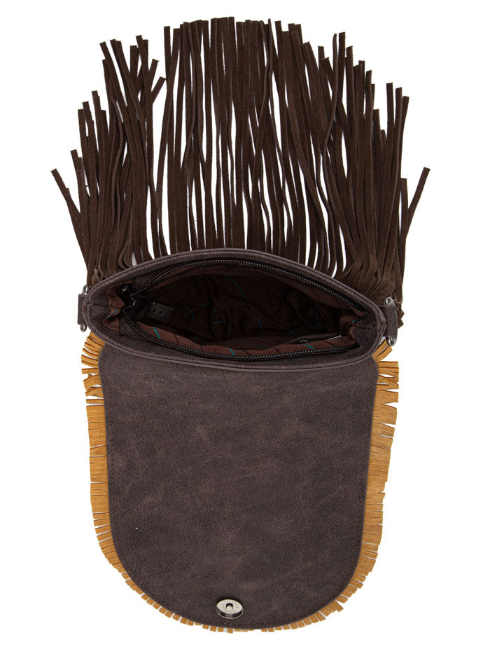 Montana West MW1291-8360CF Womens Concho Fringe Collection Saddle Bag Coffee front view. If you need any assistance with this item or the purchase of this item please call us at five six one seven four eight eight eight zero one Monday through Saturday 10:00a.m EST to 8:00 p.m EST