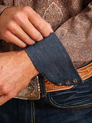 Stetson 11-001-0425-1055 Mens Medallion Paisley Western Shirt Brown cuff close up. If you need any assistance with this item or the purchase of this item please call us at five six one seven four eight eight eight zero one Monday through Saturday 10:00a.m EST to 8:00 p.m EST