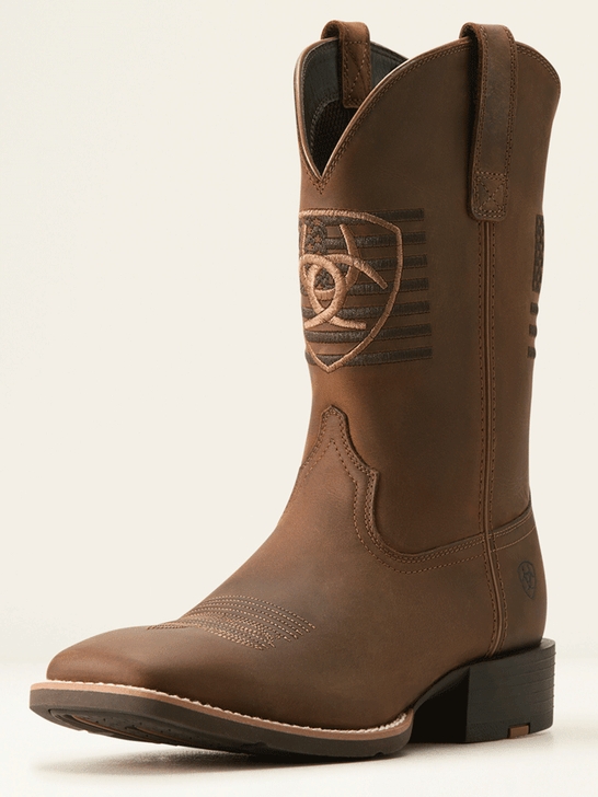 Ariat 10061326 Mens Sport Freeedom Cowboy Boot Distressed Brown front and side view.If you need any assistance with this item or the purchase of this item please call us at five six one seven four eight eight eight zero one Monday through Saturday 10:00a.m EST to 8:00 p.m EST