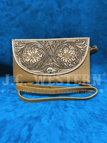 Western Fashion SVK-962 Oil Calf Hand Tooled Floral Flap Handbag Brown front view. If you need any assistance with this item or the purchase of this item please call us at five six one seven four eight eight eight zero one Monday through Saturday 10:00a.m EST to 8:00 p.m EST