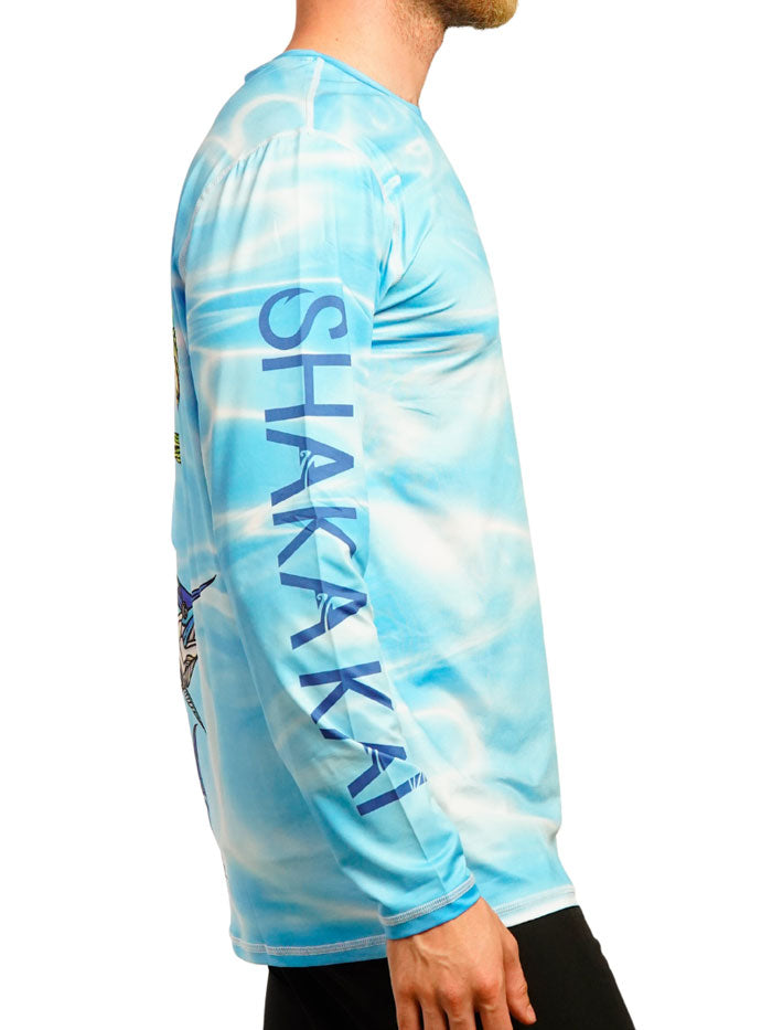 Shaka Kai DaveL TIGHT LINES Mens Long Sleeve Performance Shirt Light Blue back view. If you need any assistance with this item or the purchase of this item please call us at five six one seven four eight eight eight zero one Monday through Saturday 10:00a.m EST to 8:00 p.m EST