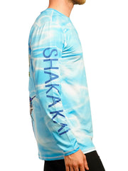 Shaka Kai DaveL TIGHT LINES Mens Long Sleeve Performance Shirt Light Blue side view. If you need any assistance with this item or the purchase of this item please call us at five six one seven four eight eight eight zero one Monday through Saturday 10:00a.m EST to 8:00 p.m EST