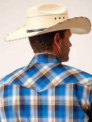 Roper 03-001-0278-2088 Mens Amarillo Collection Plaid Snap Shirt Blue back close up. If you need any assistance with this item or the purchase of this item please call us at five six one seven four eight eight eight zero one Monday through Saturday 10:00a.m EST to 8:00 p.m EST