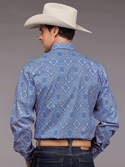 Stetson 11-001-0425-5020 Mens Chambray Medallion Paisley Western Shirt Blue back view. If you need any assistance with this item or the purchase of this item please call us at five six one seven four eight eight eight zero one Monday through Saturday 10:00a.m EST to 8:00 p.m EST