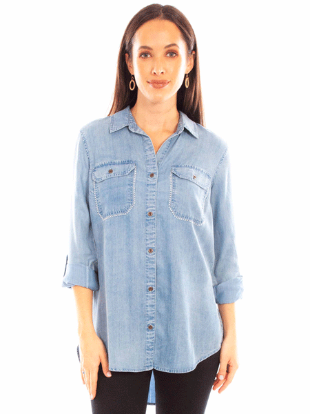 Scully HC844-BLU Womens Lace Up Back Blouse Light Blue front view. If you need any assistance with this item or the purchase of this item please call us at five six one seven four eight eight eight zero one Monday through Saturday 10:00a.m EST to 8:00 p.m EST