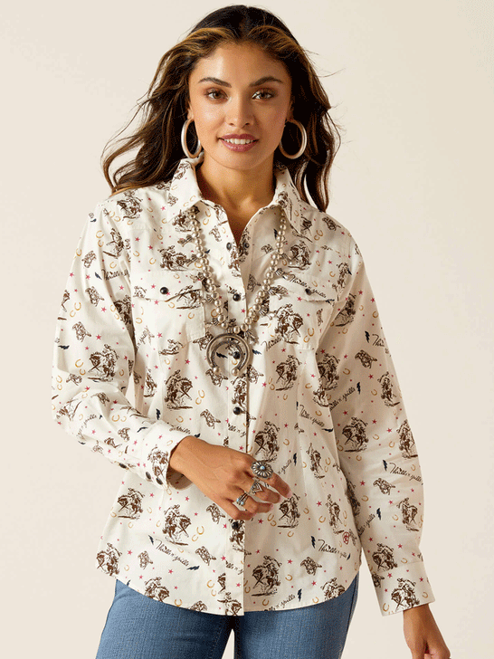 Ariat 10051277 Womens Thrills N Spills Shirt Thrilling Print Cream front view. If you need any assistance with this item or the purchase of this item please call us at five six one seven four eight eight eight zero one Monday through Saturday 10:00a.m EST to 8:00 p.m EST