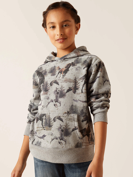 Ariat 10047331 Kids Misty Horse Hoodie Heather Grey front view. If you need any assistance with this item or the purchase of this item please call us at five six one seven four eight eight eight zero one Monday through Saturday 10:00a.m EST to 8:00 p.m EST
