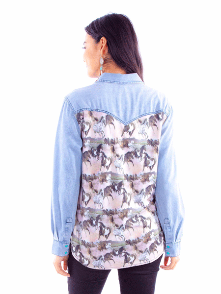 Scully HC915-DEN Womens Running Horses Scene Denim Shirt Blue back view. If you need any assistance with this item or the purchase of this item please call us at five six one seven four eight eight eight zero one Monday through Saturday 10:00a.m EST to 8:00 p.m EST