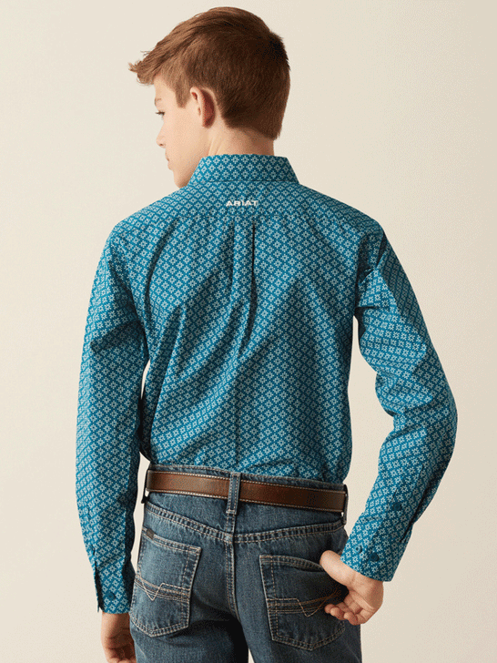 Ariat 10054073 Kids Petey Classic Fit Shirt Dark Teal back view. If you need any assistance with this item or the purchase of this item please call us at five six one seven four eight eight eight zero one Monday through Saturday 10:00a.m EST to 8:00 p.m EST