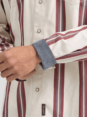 Wrangler 112359922 Mens Retro Premium Long Sleeve Stripe Shirt Cream cuff close up view. If you need any assistance with this item or the purchase of this item please call us at five six one seven four eight eight eight zero one Monday through Saturday 10:00a.m EST to 8:00 p.m EST