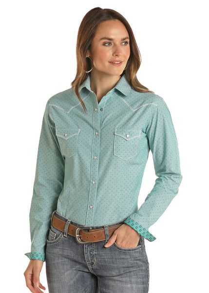 Panhandle RSWSOSR19C Womens Snap Shirt Turquoise front view. If you need any assistance with this item or the purchase of this item please call us at five six one seven four eight eight eight zero one Monday through Saturday 10:00a.m EST to 8:00 p.m EST