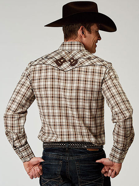 Roper 01-001-0016-3001 Mens Long Sleeve Western Plaid Shirt Bark back view. If you need any assistance with this item or the purchase of this item please call us at five six one seven four eight eight eight zero one Monday through Saturday 10:00a.m EST to 8:00 p.m EST