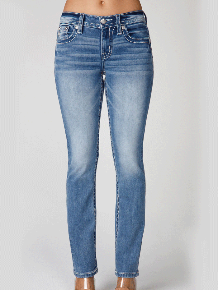 Miss Me M3080B72L Womens Mid Rise Slim Fit Boot Jean Medium Blue back close up. If you need any assistance with this item or the purchase of this item please call us at five six one seven four eight eight eight zero one Monday through Saturday 10:00a.m EST to 8:00 p.m EST
