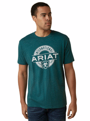 Ariat 10045284 Mens Center Fire T-Shirt Dark Teal Heather front view. If you need any assistance with this item or the purchase of this item please call us at five six one seven four eight eight eight zero one Monday through Saturday 10:00a.m EST to 8:00 p.m EST