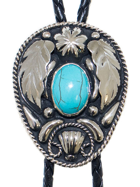 Western Express BT-214 Oval German Silver Bolo Tie Turquoise front view. If you need any assistance with this item or the purchase of this item please call us at five six one seven four eight eight eight zero one Monday through Saturday 10:00a.m EST to 8:00 p.m EST