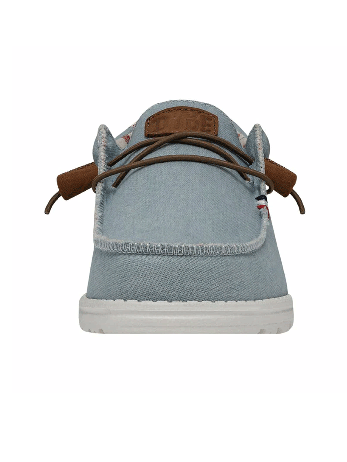 Hey Dude 40395-4OE Mens Wally Americana Shoe Denim Stripe front and side view. If you need any assistance with this item or the purchase of this item please call us at five six one seven four eight eight eight zero one Monday through Saturday 10:00a.m EST to 8:00 p.m EST