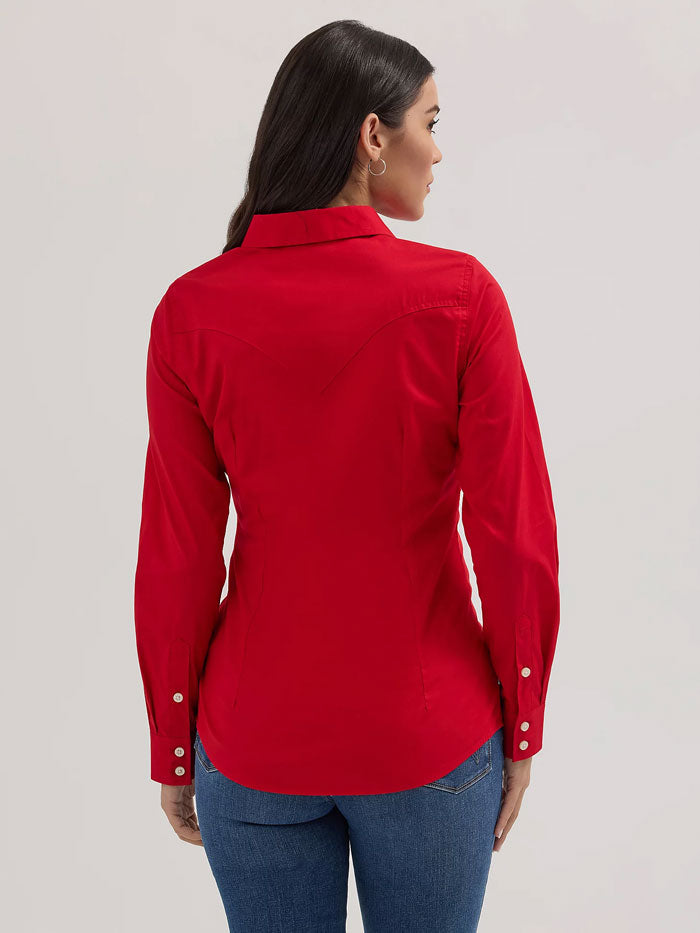 Wrangler 112358017 Womens Western Button Down Shirt Red front view. If you need any assistance with this item or the purchase of this item please call us at five six one seven four eight eight eight zero one Monday through Saturday 10:00a.m EST to 8:00 p.m EST