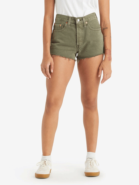 Levi's 563270396 Womens 501 Original Shorts Dusty Lichen Olive Green front view. If you need any assistance with this item or the purchase of this item please call us at five six one seven four eight eight eight zero one Monday through Saturday 10:00a.m EST to 8:00 p.m EST