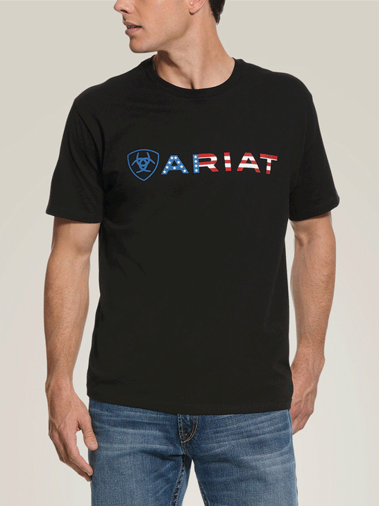 Ariat 10031731 Mens USA Wordmark T-Shirt Black front view. If you need any assistance with this item or the purchase of this item please call us at five six one seven four eight eight eight zero one Monday through Saturday 10:00a.m EST to 8:00 p.m EST