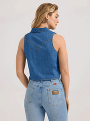 Wrangler 112360785 Womens Sleeveless Tie Front Shirt Mid Wash Denim back view. If you need any assistance with this item or the purchase of this item please call us at five six one seven four eight eight eight zero one Monday through Saturday 10:00a.m EST to 8:00 p.m EST

