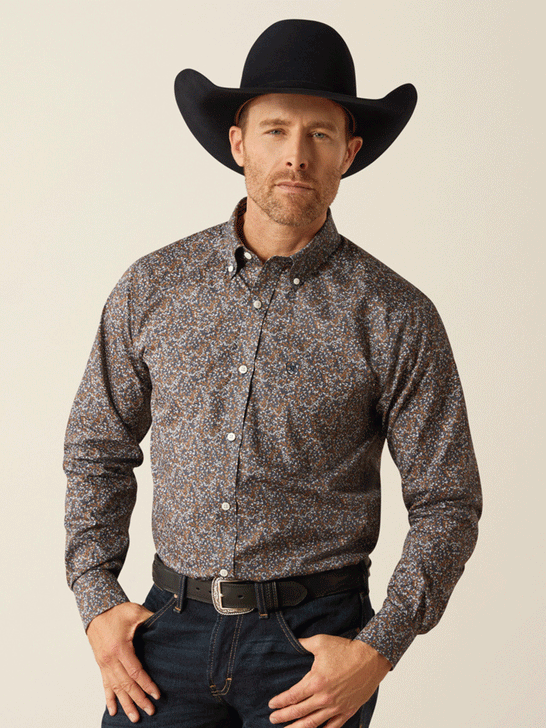 Ariat 10054044 Mens Wrinkle Free Immanuel Fitted Shirt Navy front. If you need any assistance with this item or the purchase of this item please call us at five six one seven four eight eight eight zero one Monday through Saturday 10:00a.m EST to 8:00 p.m EST