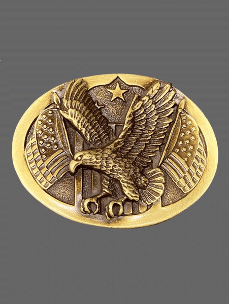 Colorado Silver Star 5-5990-B Eagle With Flags Oval Buckle Bronze front view. If you need any assistance with this item or the purchase of this item please call us at five six one seven four eight eight eight zero one Monday through Saturday 10:00a.m EST to 8:00 p.m EST