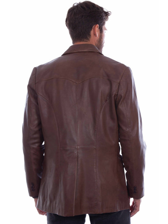 A man viewed from behind wearing a brown leather jacket, shown against a plain white background. If you need any assistance with this item or the purchase of this item please call us at five six one seven four eight eight eight zero one Monday through Saturday 10:00a.m EST to 8:00 p.m EST
