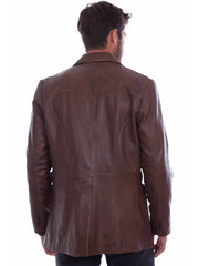 A man viewed from behind wearing a brown leather jacket, shown against a plain white background. If you need any assistance with this item or the purchase of this item please call us at five six one seven four eight eight eight zero one Monday through Saturday 10:00a.m EST to 8:00 p.m EST