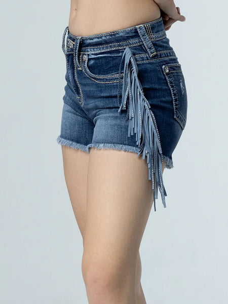 Miss Me H3636H77 Womens High Rise Shining Fringe Shorts Denim side / front view. If you need any assistance with this item or the purchase of this item please call us at five six one seven four eight eight eight zero one Monday through Saturday 10:00a.m EST to 8:00 p.m EST