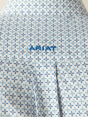 Ariat 10054722 Mens Wrinkle Free Baker Classic Fit Shirt Light Blue back close up. If you need any assistance with this item or the purchase of this item please call us at five six one seven four eight eight eight zero one Monday through Saturday 10:00a.m EST to 8:00 p.m EST