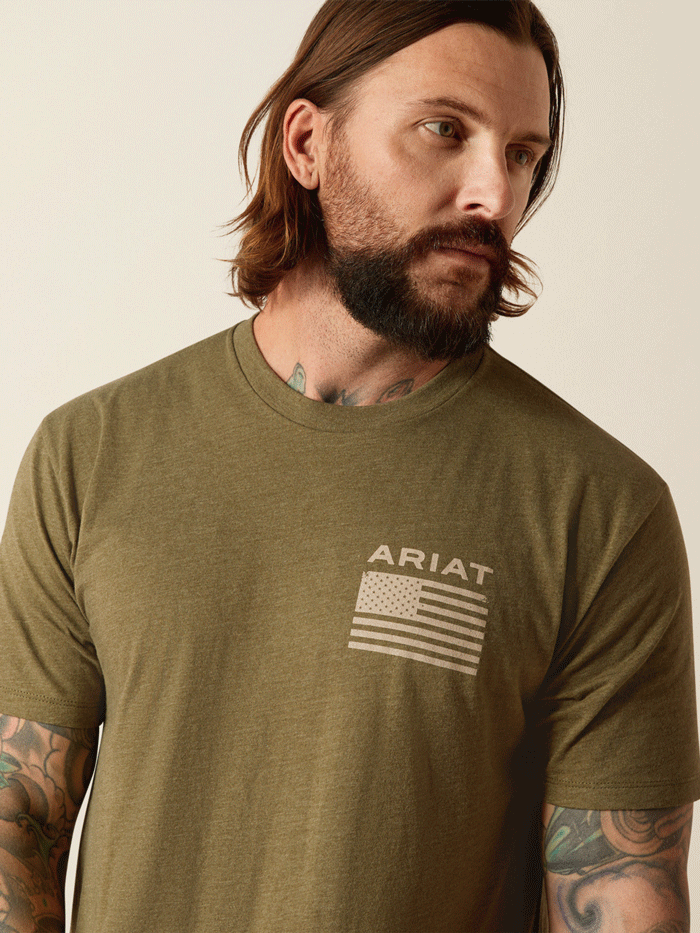 Ariat 10054176 Mens Freedom T-Shirt Military Heather Olive back. If you need any assistance with this item or the purchase of this item please call us at five six one seven four eight eight eight zero one Monday through Saturday 10:00a.m EST to 8:00 p.m EST