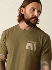 Ariat 10054176 Mens Freedom T-Shirt Military Heather Olive front close up. If you need any assistance with this item or the purchase of this item please call us at five six one seven four eight eight eight zero one Monday through Saturday 10:00a.m EST to 8:00 p.m EST