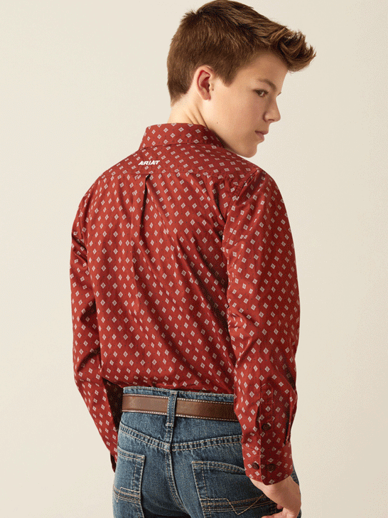 Ariat 10054071 Kids Pax Classic Fit Shirt Burgundy back view. If you need any assistance with this item or the purchase of this item please call us at five six one seven four eight eight eight zero one Monday through Saturday 10:00a.m EST to 8:00 p.m EST