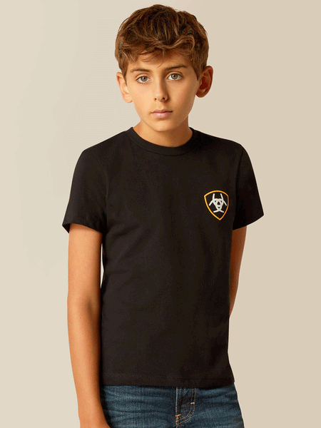 Ariat 10051431 Kids DMND Mountain T-Shirt Black front view. If you need any assistance with this item or the purchase of this item please call us at five six one seven four eight eight eight zero one Monday through Saturday 10:00a.m EST to 8:00 p.m EST