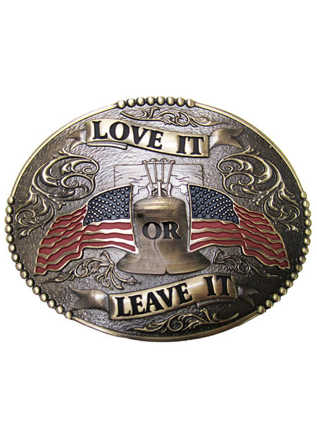 AndWest 594 Love It Or Leave It American Flags Buckle Antique Brass front view. If you need any assistance with this item or the purchase of this item please call us at five six one seven four eight eight eight zero one Monday through Saturday 10:00a.m EST to 8:00 p.m EST