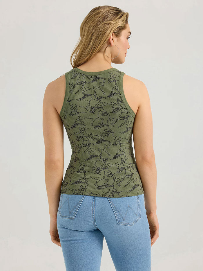 Wrangler 112361137 Womens Printed Slim Goddess Tank Olive Green front view. If you need any assistance with this item or the purchase of this item please call us at five six one seven four eight eight eight zero one Monday through Saturday 10:00a.m EST to 8:00 p.m EST